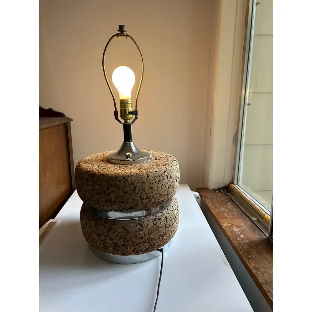 Vintage MCM Mid Century Cork and Chrome Table Lamp